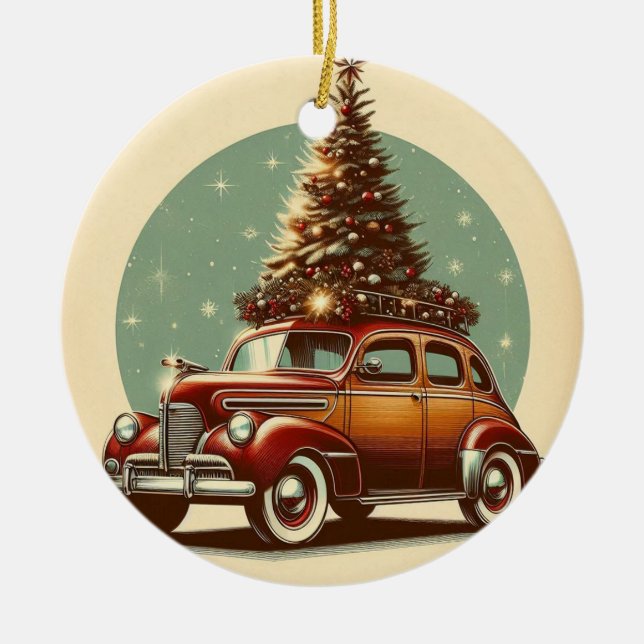 Ein Vintager Oldtimer-Weihnachtsbaum Keramik Ornament (Vorne)