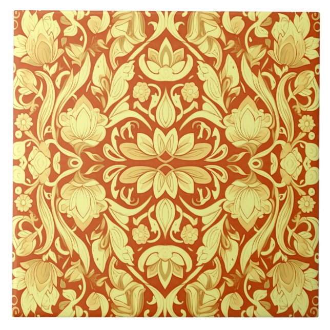 Ein Vintages rot-gelbes Blumenmuster Fliese (Vorderseite)