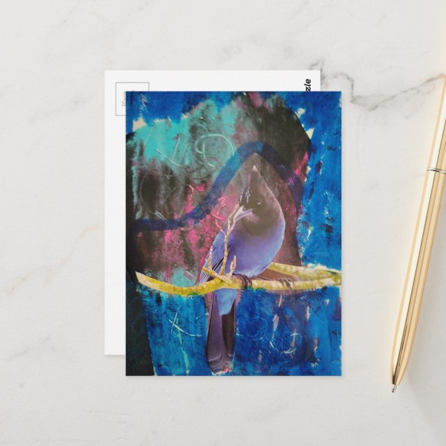 Ein Vogel, der blau ist Mixed Media Collage Postkarte (Vorderseite/Rückseite Beispiel)