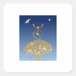 Ein Vogel, der über einen goldenen Baum fliegt Quadratischer Aufkleber