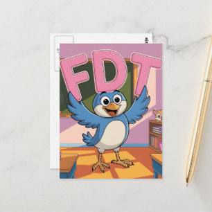 Ein Vogel mit FDT-Buchstaben in einem Klassenzimme Postkarte