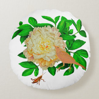 Ein Vogel und ein Grashüpfer Rundes Kissen