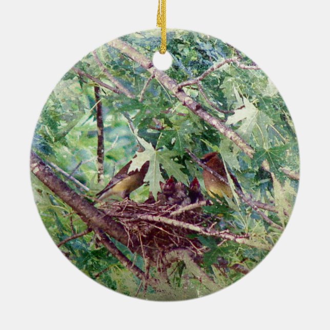 Ein Vollnest, Eltern und Babyvögel Keramikornament (Hinten)