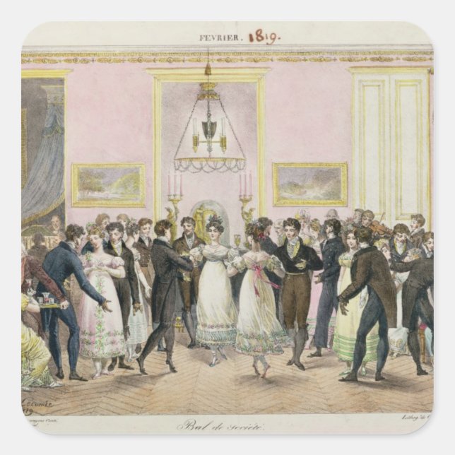 Ein von Charles Etienne eingrabener "Society Ball" Quadratischer Aufkleber (Vorderseite)