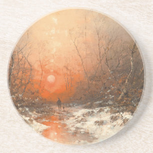 Ein Waldweg mit Jäger bei Sonnenuntergang Getränkeuntersetzer