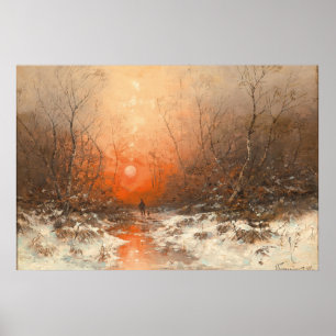 Ein Waldweg mit Jäger bei Sonnenuntergang Poster