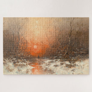 Ein Waldweg mit Jäger bei Sonnenuntergang Puzzle
