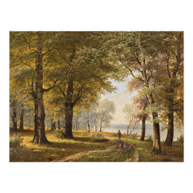 Ein Waldweg mit Wanderer im Herbst Poster (Vorderseite)