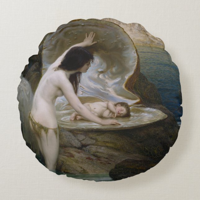 Ein Water Baby in Seashell von Bikini Nymph gefund Rundes Kissen (Vorderseite)