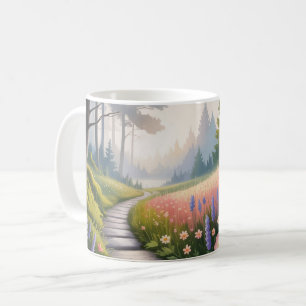 Ein Weg zwischen Waldbäumen und Wildblumen Kaffeetasse