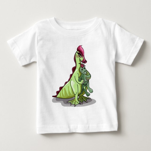 Ein weiblicher Hadrosaurus, der eine Puppe hält. Baby T-shirt (Vorderseite)