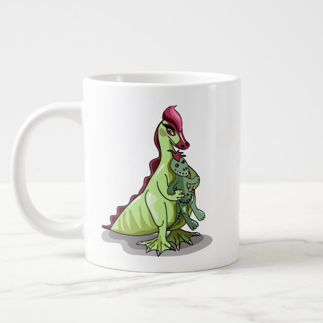 Ein weiblicher Hadrosaurus, der eine Puppe hält. Jumbo-Tasse (Links)