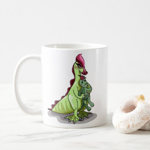 Ein weiblicher Hadrosaurus, der eine Puppe hält. Kaffeetasse