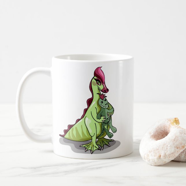 Ein weiblicher Hadrosaurus, der eine Puppe hält. Kaffeetasse (Mit Donut)