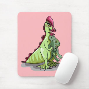Ein weiblicher Hadrosaurus, der eine Puppe hält. Mousepad