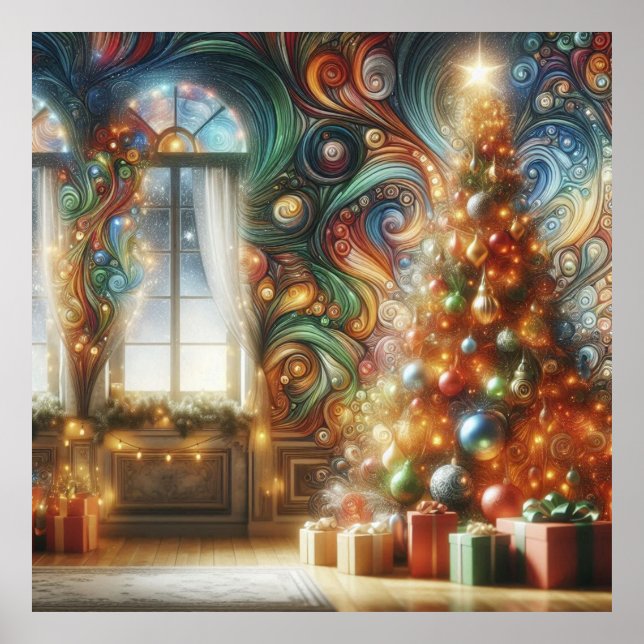 Ein Weihnachtsbaum im Retro-Stil mit Geschenken an Poster (Vorne)
