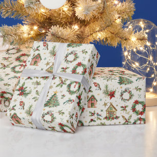 Ein Weihnachtsmuster mit Vögeln und Holly Geschenkpapier