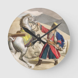 Ein Weinstein mit seinem Pferd, graviert durch das Runde Wanduhr
