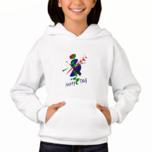 Ein weisser Hoodie mit einer tanzenden Figur.