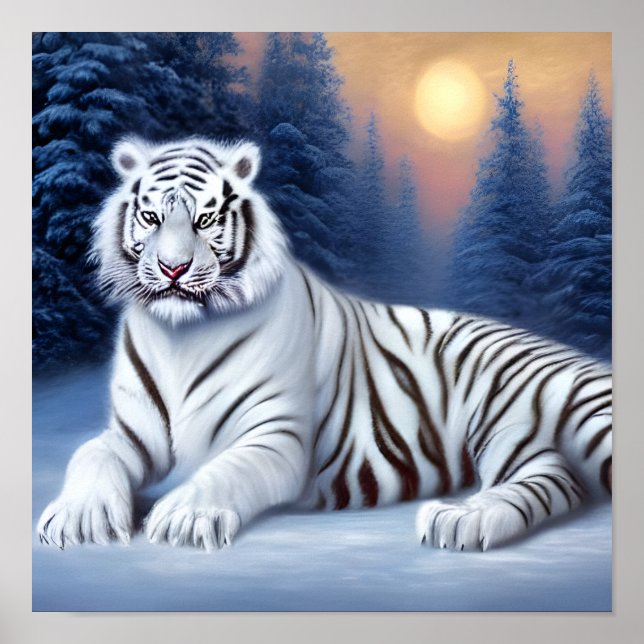 Ein weißer Tiger sitzt im Schnee Poster (Vorne)