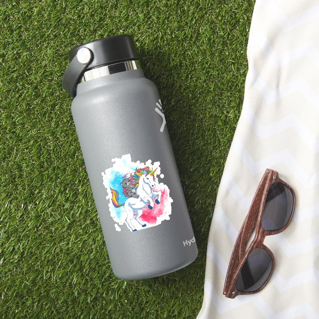 Ein weißes Einhorn mit Regenbogen-Schwanz, geritte Aufkleber (HydroFlask Insitu)