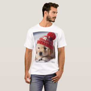 ein Welpe mit einem roten Hut und einem Schneemann T-Shirt
