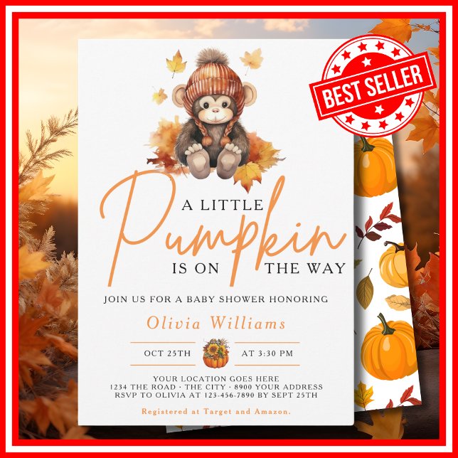 Ein wenig Pumpkin Herbst Autumn MONKEY Baby Shower Einladung (A Little Pumpkin is on the Way Fall Autumn CUTE MONKEY Baby Shower Invitation)