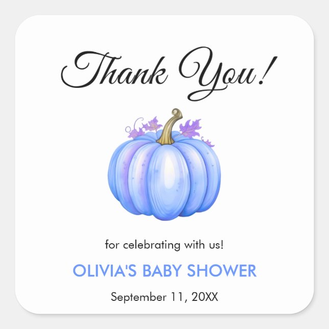 Ein wenig Pumpkin Herbst Blue Boy Baby Dusche Quadratischer Aufkleber (Vorderseite)