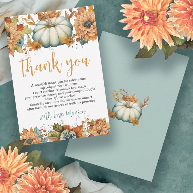 Ein wenig Pumpkin Herbst Floral Baby Dusche Dankeskarte (A Little Pumpkin Watercolor Floral Boy Baby Shower Thank You Card)