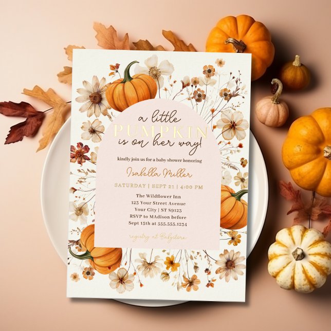 Ein wenig Pumpkin Herbst Floral Baby Dusche Folieneinladung (A Little Pumpkin Autumn Fall Floral Baby Shower Foil Invitation)