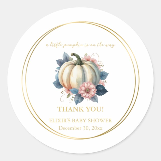 Ein wenig Pumpkin Herbst Floral Baby Dusche Runder Aufkleber (Vorderseite)