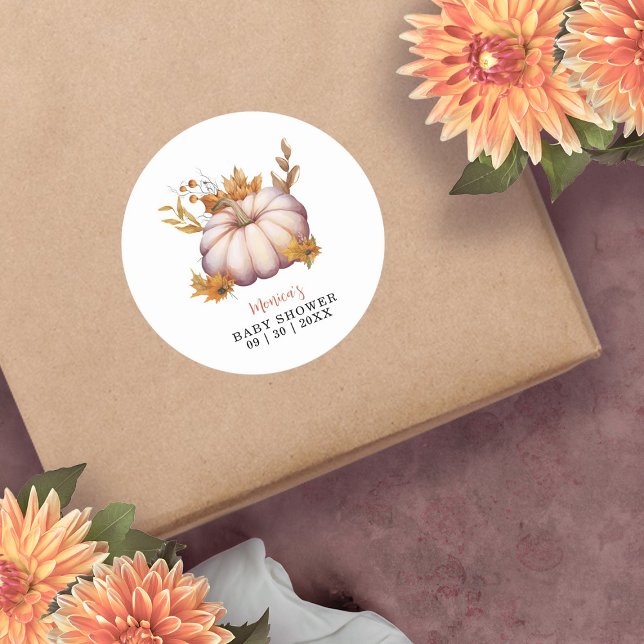 Ein wenig Pumpkin Herbst Floral Baby Dusche Runder Aufkleber (A Little Pumpkin Autumn Fall Floral Baby Shower Classic Round Sticker)