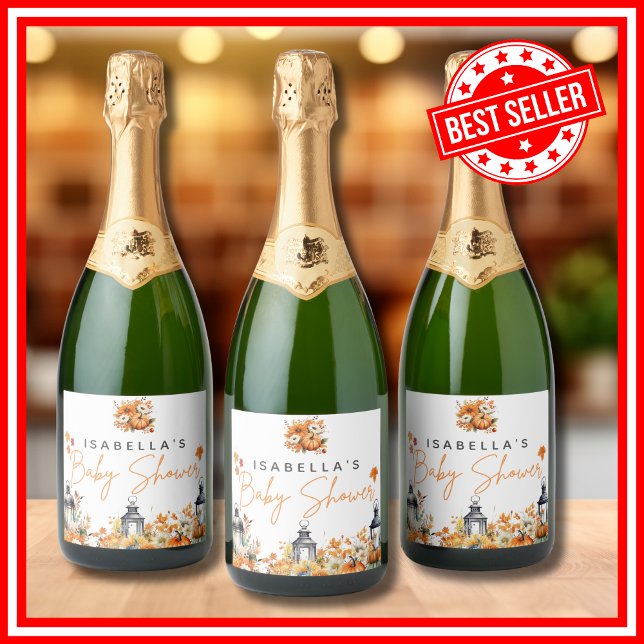 Ein wenig Pumpkin Herbst Herbst Blütendusche (A Little Pumpkin is on the Way Fall Autumn Floral Baby Shower Sparkling Wine Labels)