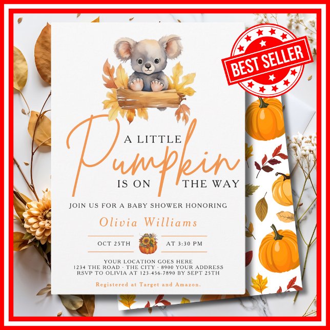 Ein wenig Pumpkin Herbst Herbst KOALA Baby Dusche Einladung (A Little Pumpkin is on the Way Fall Autumn CUTE KOALA BEAR Baby Shower Invitation)