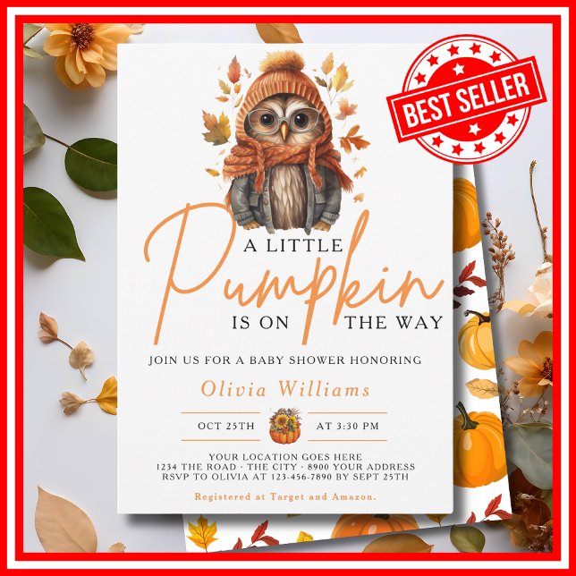 Ein wenig Pumpkin Herbst Herbst NIEDLICHE OWL Kind Einladung (A Little Pumpkin is on the Way Fall Autumn CUTE OWL Baby Shower Invitation)