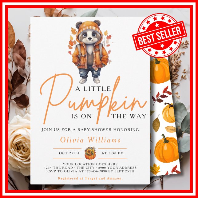 Ein wenig Pumpkin Herbst Herbst PANDA Kinderdusche Einladung (A Little Pumpkin is on the Way Fall Autumn CUTE PANDA Baby Shower Invitation)