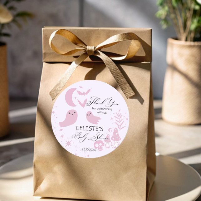 Ein wenig rosa Halloween-Baby-Dusche Runder Aufkleber (A little boo cute pastel pink Halloween baby shower thank you favor Stickers template)