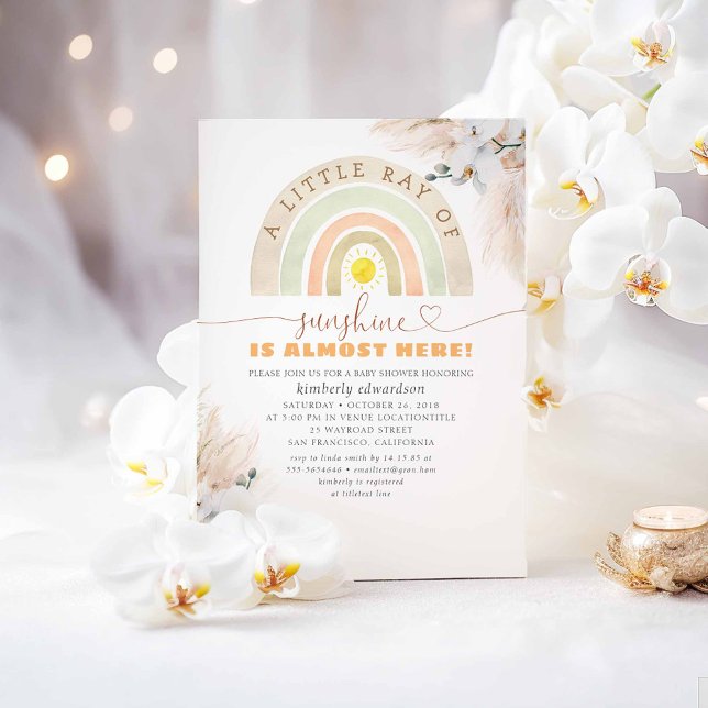 Ein wenig Sonnenschein - Rainbow Baby Dusche Einladung (A Little Ray Of Sunshine Is Almost Here - Cute Boho Baby Shower Invitations)