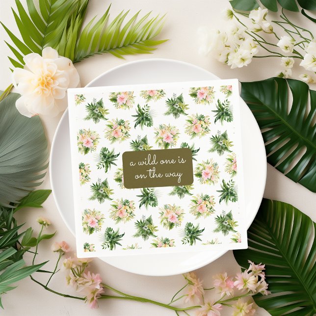 Ein Wild One ist auf dem Weg nach Jungle Tropic Ba Serviette (paper napkin with tropical flowers & leaves pattern + a box to add your custom text for baby shower)