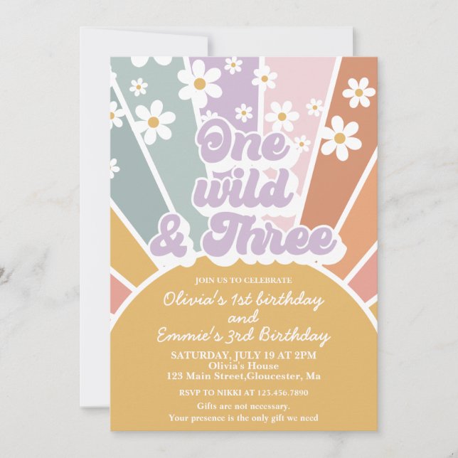 Ein Wild und drei Retro Sunshine Rainbow Daisy Einladung (Vorderseite)