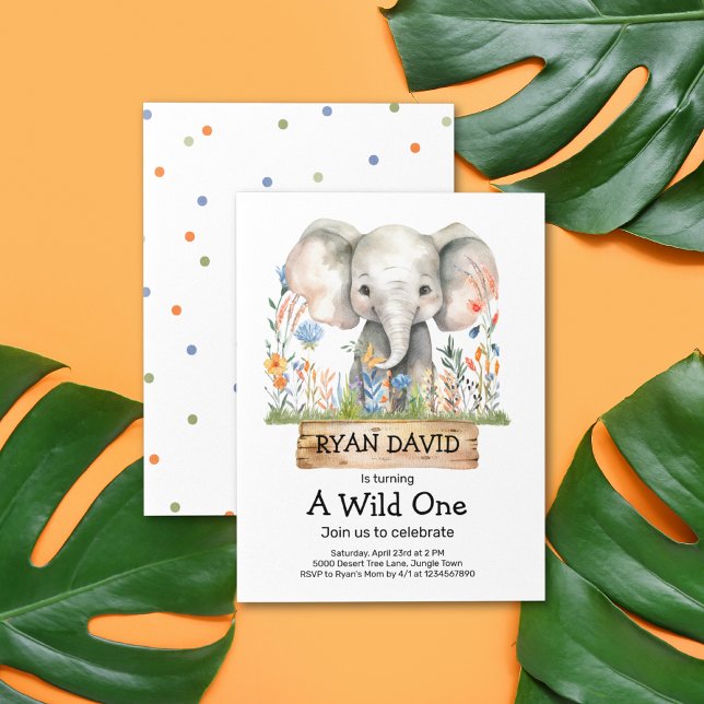 Ein wilder Einladungs-Jungs Einladung (Safari Jungle Watercolor Elephant Orange Blue Flowers Dot Pattern Wild One 1st Birthday Invitation)