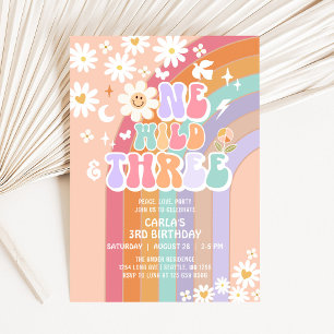 Ein wilder und drei Daisy Regenbogen Groovy Geburt Einladung