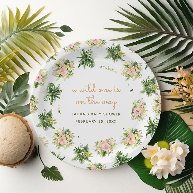 Ein Wilder Verlasse auf dem Weg zum Dschungel Kind Pappteller (watercolor tropical flowers and leaves on a paper plate for a wild one baby shower celebration)