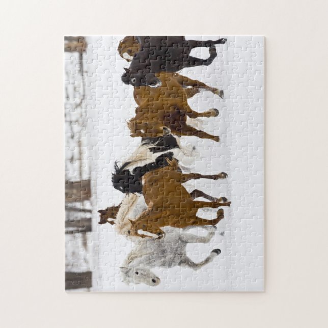 Ein winterlicher landschaftlicher Laufpferde Puzzle (Vertikal)