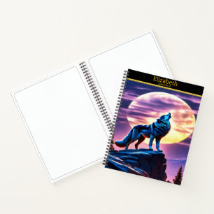 Ein Wolf heult auf Vollmond auf einem Skizzenbuch Notizbuch