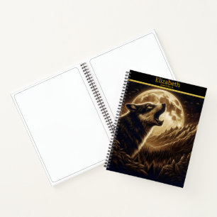 Ein Wolf heult den Mond an in einer komplizierten  Notizbuch