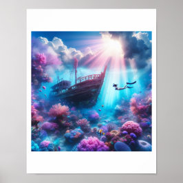 Ein wunderschöner Taucher und ein Schiffswrack Poster