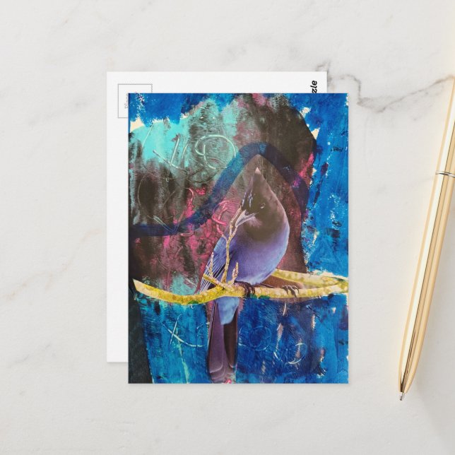 Ein wunderschöner Vogel, der blau ist Mixed Media  Postkarte (Vorderseite/Rückseite Beispiel)