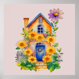 Ein wunderschönes Haus und Blume, farbenfrohe Wall Poster