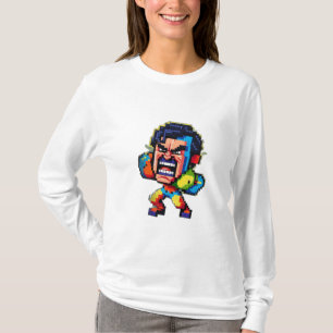 Ein wütender, pixeliger Charakter mit einem Retro- T-Shirt